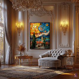 Sterrennacht Glas in lood Mozaïek Kunstwerk Canvas Afdruk