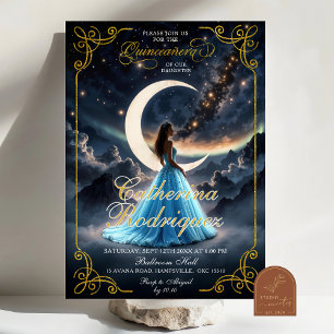 Sterrennacht Gold Baby Blue Quinceañera Uitnodigen Kaart