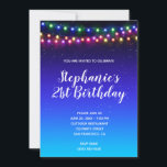 Sterrennacht Gradient Street Lights 21st Birthday Kaart<br><div class="desc">Een aanpasbare hedendaagse 21e verjaardagsuitnodiging. De achtergrond is een zwart,  indigo blauw en helder aqua starry twilight ombre ontwerp met snaren multicolored straatlichten. Pas de stijl of kleur van de uitnodigingsdoopvont aan creëer haar avond aan,  nodigt de buitenpartij uit. Een uitnodiging voor een nacht op de stad.</div>