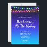 Sterrennacht Gradient Street Lights 21st Birthday Kaart<br><div class="desc">Een aanpasbare hedendaagse 21e verjaardagsuitnodiging. De achtergrond is een zwart,  indigo blauw en helder aqua starry twilight ombre ontwerp met snaren multicolored straatlichten. Pas de stijl of kleur van de uitnodigingsdoopvont aan creëer haar avond aan,  nodigt de buitenpartij uit. Een uitnodiging voor een nacht op de stad.</div>