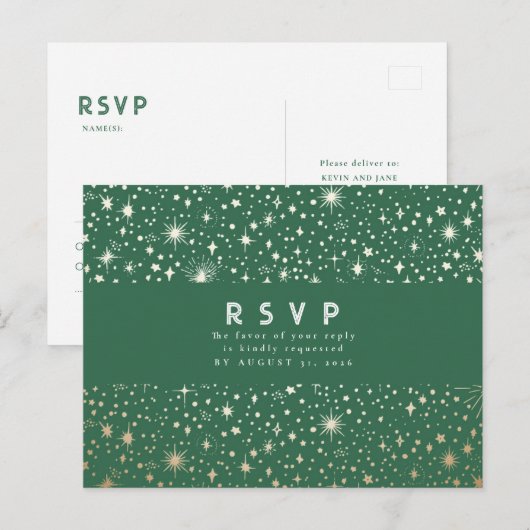 Sterrennacht Groene en Gouden Huwelijk RSVP Briefkaart (Voorkant / Achterkant)