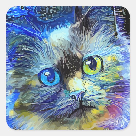 Sterrennacht Impressionist Tabby Cat Portrait Vierkante Sticker (Voorkant)