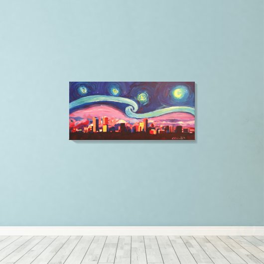 Sterrennacht in Denver Colorado Skyline Canvas Afdruk (Insitu (Houten vloer))