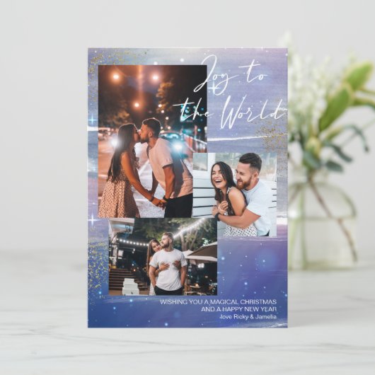 Sterrennacht Joy to World 3 Foto Collage Feestdagenkaart (Staand voorkant)