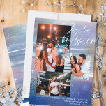 Sterrennacht Joy to World 3 Foto Collage Feestdagenkaart<br><div class="desc">Creëer uw eigen 3 fotocollage-vakantiekaart, met Joy to the World hand lettering, op een sterrenachtige nachtachtergrond. Het ontwerp is voorzien van waterverf penseelstreken, in tinten van blauw indigo paars viool en grijs, met sterren, sterren, zeemijlgloed en goudstof. Joy aan de Wereld wordt geletterd in moderne manuscriptkalligrafie, die u in om...</div>