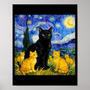 Sterrennacht Kat Artistieke Zwarte Kat & Kittens Poster