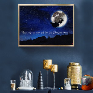 Sterrennacht Kerstman vliegt met rendieren Poster