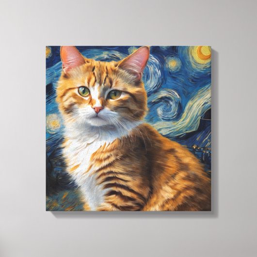 Sterrennacht kunst met een kat canvas afdruk (Voorkant)
