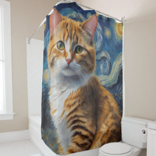 Sterrennacht kunst met een kat douchegordijn