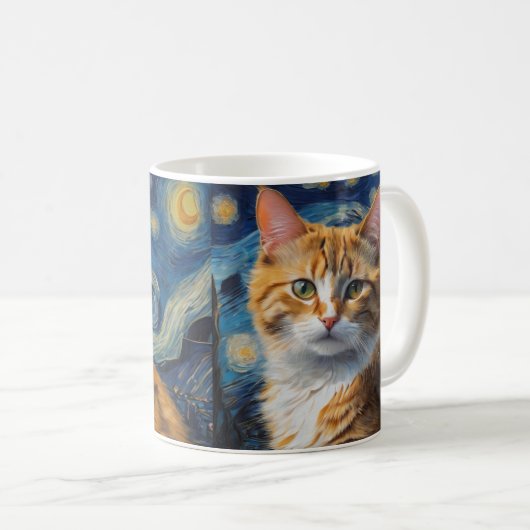 Sterrennacht kunst met een kat koffiemok (Voorkant rechts)