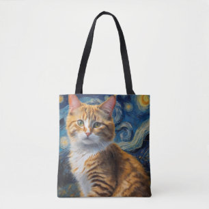 Sterrennacht kunst met een kat tote bag