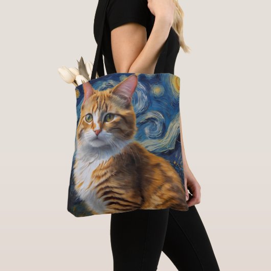 Sterrennacht kunst met een kat tote bag (Dichtbij)