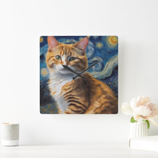 Sterrennacht kunst met een kat vierkante klok (Huis)