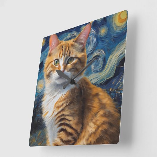Sterrennacht kunst met een kat vierkante klok (Hoek)