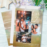 Sterrennacht Love Light en Joy 3 Photo Gold Feestdagenkaart<br><div class="desc">Creëer uw eigen 3 fotocollage-vakantiekaart, met Love Light & Joy-handschrift, op een starre nachtachtergrond. Het ontwerp is voorzien van waterverf penseelstreken, in tinten van goudgeel groen en zand, met sterren, sterren, zeegloed en goudstof. Liefde, licht en vreugde zijn letterlijk afgebeeld in de moderne scriptkalligrafie, die u kunt aanpassen aan elke...</div>