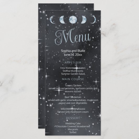 Sterrennacht maanfasen bruiloft plat menu (Voorkant / Achterkant)