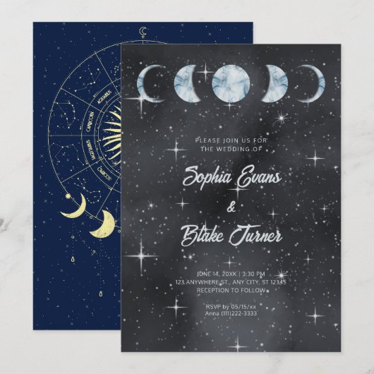 Sterrennacht maanfasen Zodiac Hemelse bruiloft Kaart (Voorkant / Achterkant)