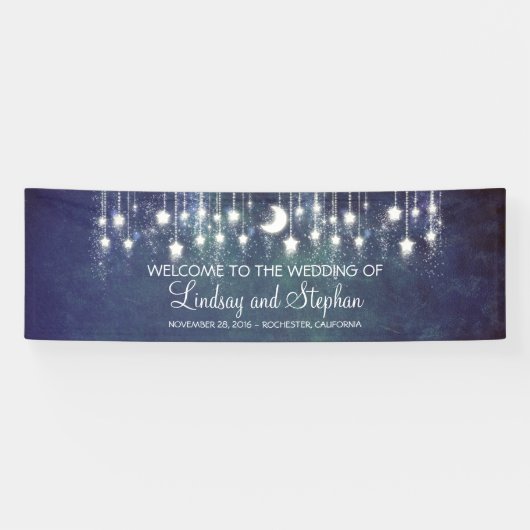 Sterrennacht Moon en Star Blue Wedding Spandoek (Horizontaal)