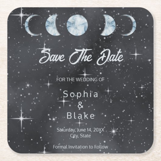 Sterrennacht Moon Phases Celestial Save the Date Kartonnen Onderzetters (Voorkant)