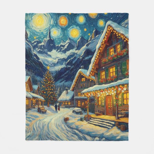 Sterrennacht Mountain Village Kerst Fleece Deken (Voorkant)