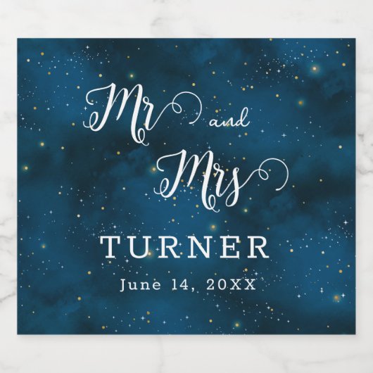 Sterrennacht Mr en Mrs Wedding Sparkling Wijnetiket (Enkel label)