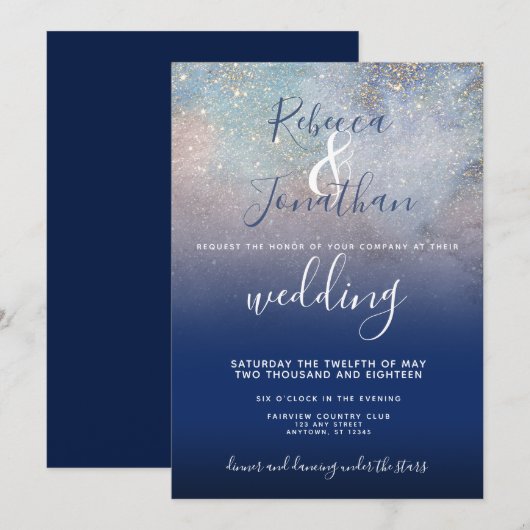 Sterrennacht Navy and Gold Wedding Invitation Kaart (Voorkant / Achterkant)