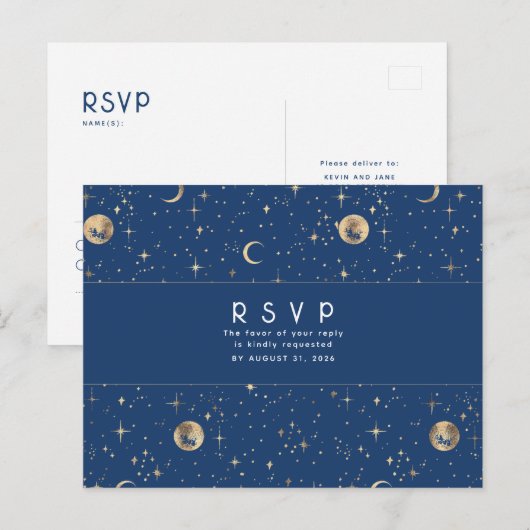 Sterrennacht Navy Blauw en Goud Bruiloft RSVP Briefkaart (Voorkant / Achterkant)