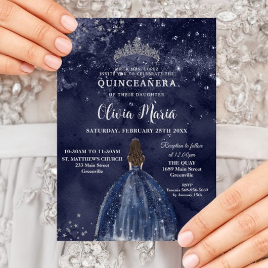 Sterrennacht Navy Blue Dress Silver Quinceañera Kaart