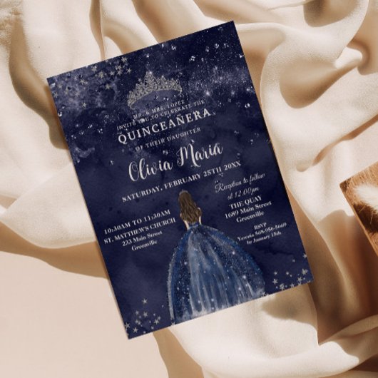 Sterrennacht Navy Blue Dress Silver Quinceañera Kaart