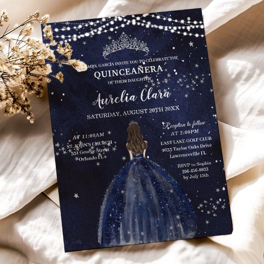 Sterrennacht Navy Blue Dress Silver Quinceañera Kaart