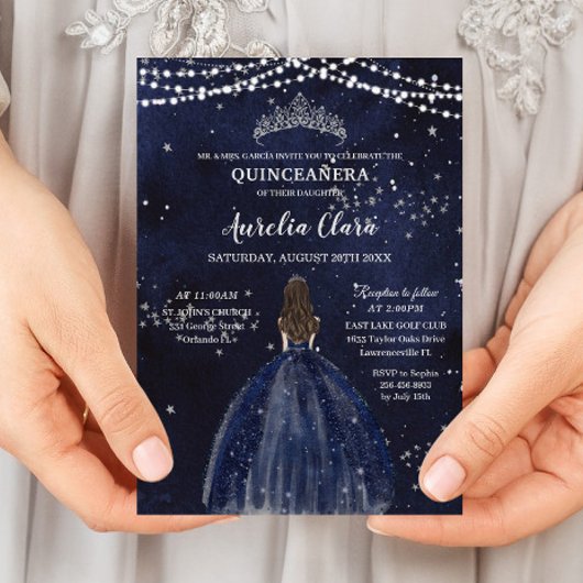 Sterrennacht Navy Blue Dress Silver Quinceañera Kaart