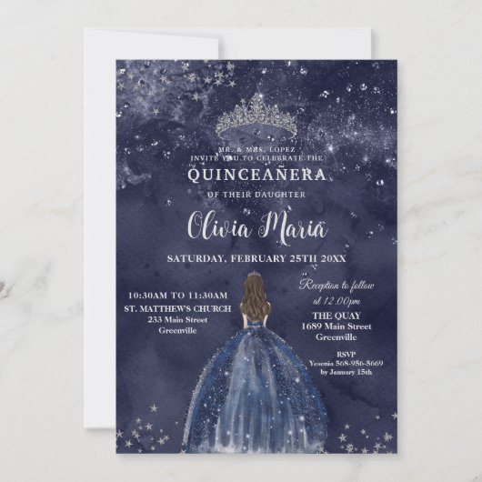 Sterrennacht Navy Blue Dress Silver Quinceañera Kaart (Voorkant)