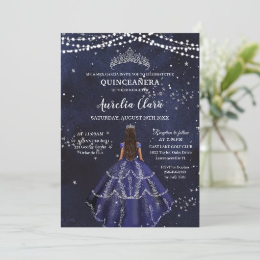 Sterrennacht Navy Blue Dress Silver Quinceañera Kaart (Staand voorkant)