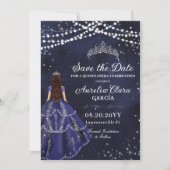Sterrennacht Navy Blue Gown Silver Quinceañera Save The Date (Voorkant)