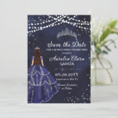 Sterrennacht Navy Blue Gown Silver Quinceañera Save The Date (Staand voorkant)