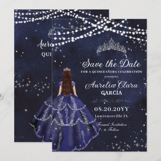 Sterrennacht Navy Blue Gown Silver Quinceañera Save The Date (Voorkant / Achterkant)