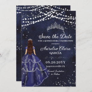 Sterrennacht Navy Blue Gown Silver Quinceañera Save The Date