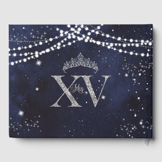 Sterrennacht Navy Blue Silver Quinceañera Verjaard Gastenboek (Achterkant)