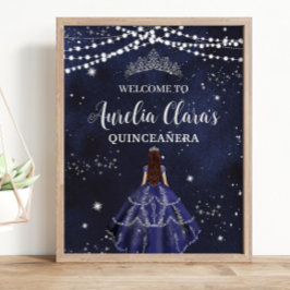 Sterrennacht Navy Blue Silver Quinceañera Verjaard Poster