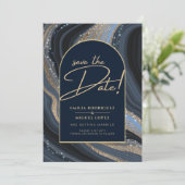 Sterrennacht Navy Gold Agate Wedding SAVE DATE Kaart (Staand voorkant)