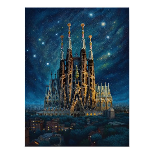 Sterrennacht over de Sagrada Familia Perfect Poster (Voorkant)