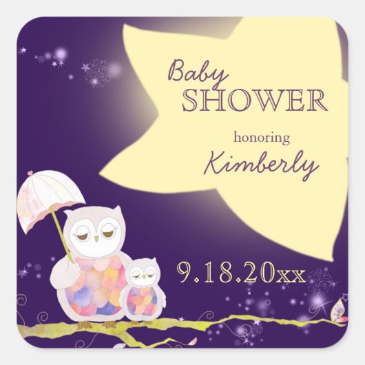 Sterrennacht Owls Baby shower Vierkante Sticker (Voorkant)