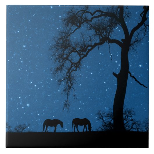 Sterrennacht Paarden en eikenbomen Tegeltje (Voorkant)