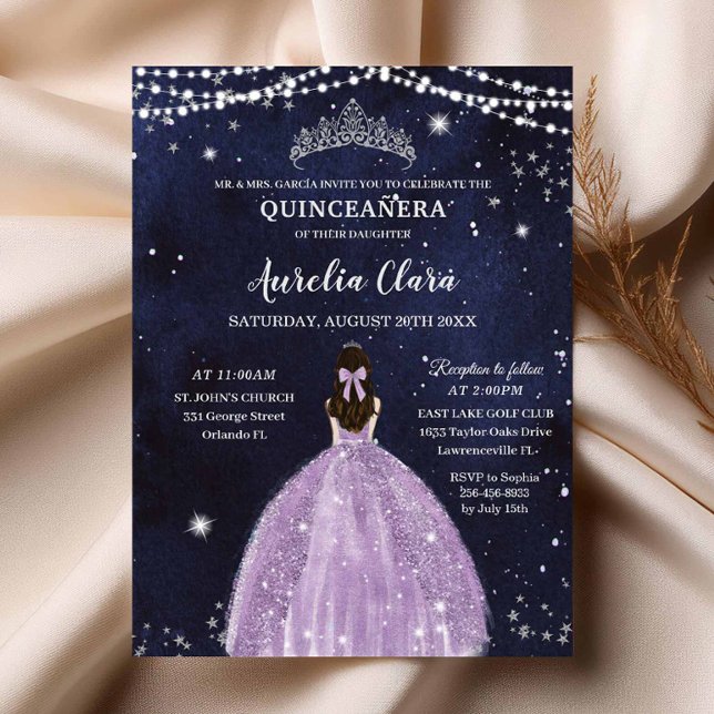Sterrennacht Paarse Lila Quinceañera Uitnodiging (starry-night-under-the-stars-purple-lilac-dress-silver-quinceanera-sweet-16-invitation-magnetic-card)