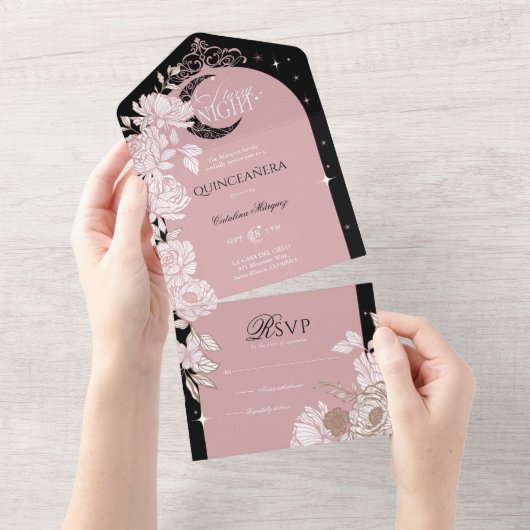Sterrennacht Quinceanera Floral Celestial Moon All In One Uitnodiging (Afscheurbaar)