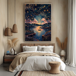 Sterrennacht River in pointillistische stijl Poster