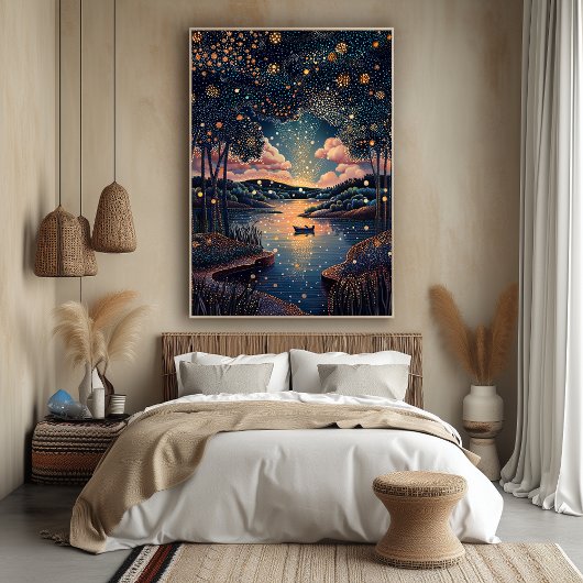 Sterrennacht River in pointillistische stijl Poster