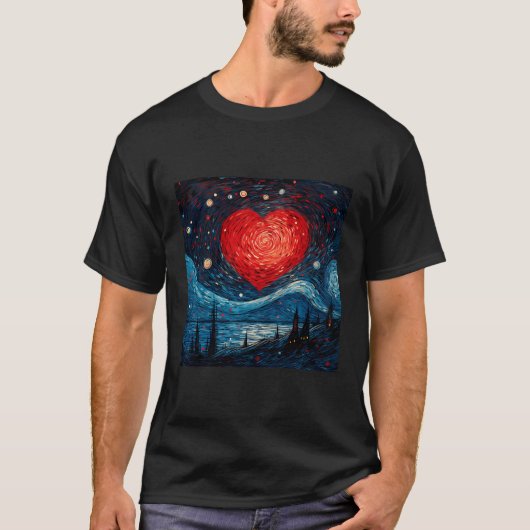 Sterrennacht rood liefde hart ontwerp t-shirt (Voorkant)