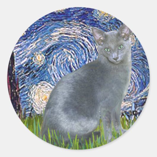 Sterrennacht - Russian Blue cat 2 Ronde Sticker (Voorkant)