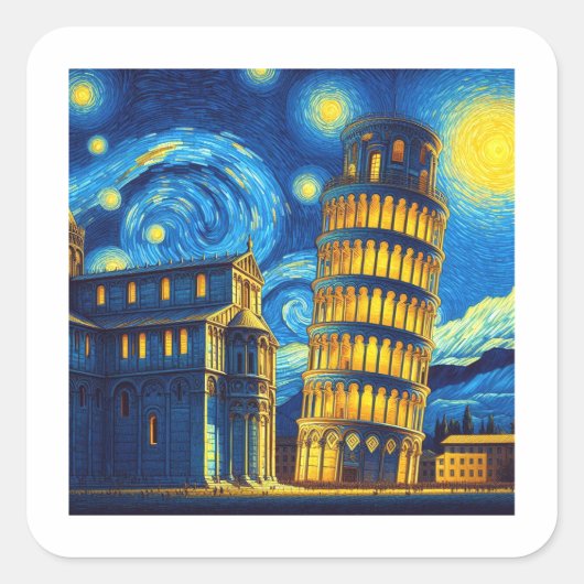 Sterrennacht scheve toren van Pisa Italië Vierkante Sticker (Voorkant)